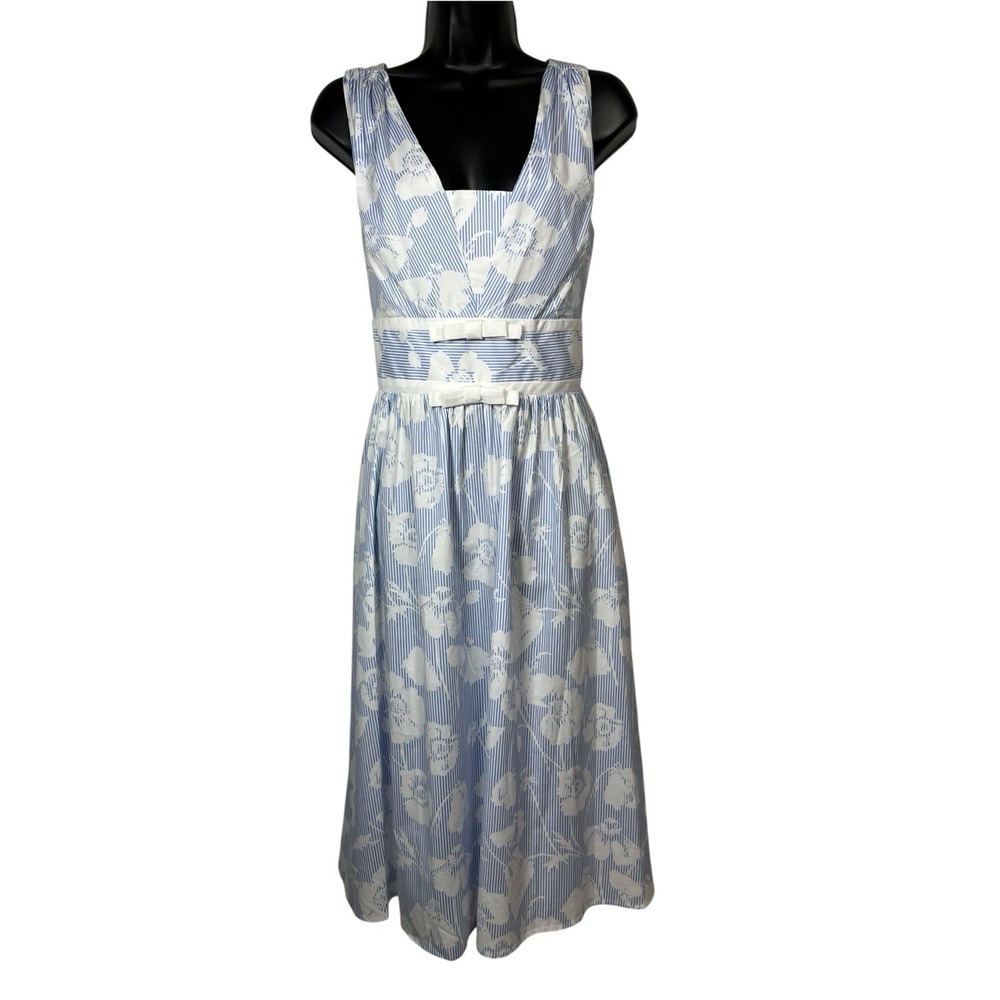 NWT Karl Lagerfeld Sz 8 Dress Blue White Floral Stripe Bows Midi Fit & Flare New